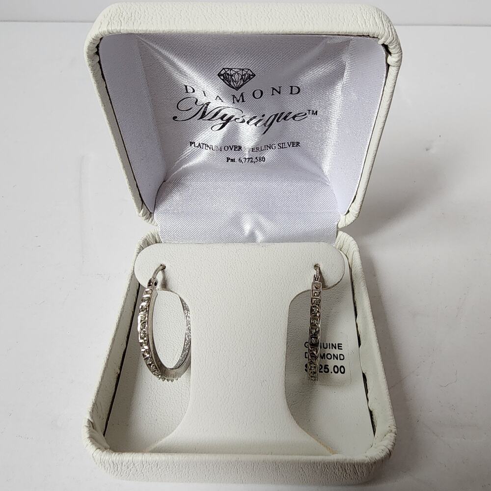 Diamond Mystique Platinum Over Sterling Silver 7/8" Hoops Earrings 2 Grams USA